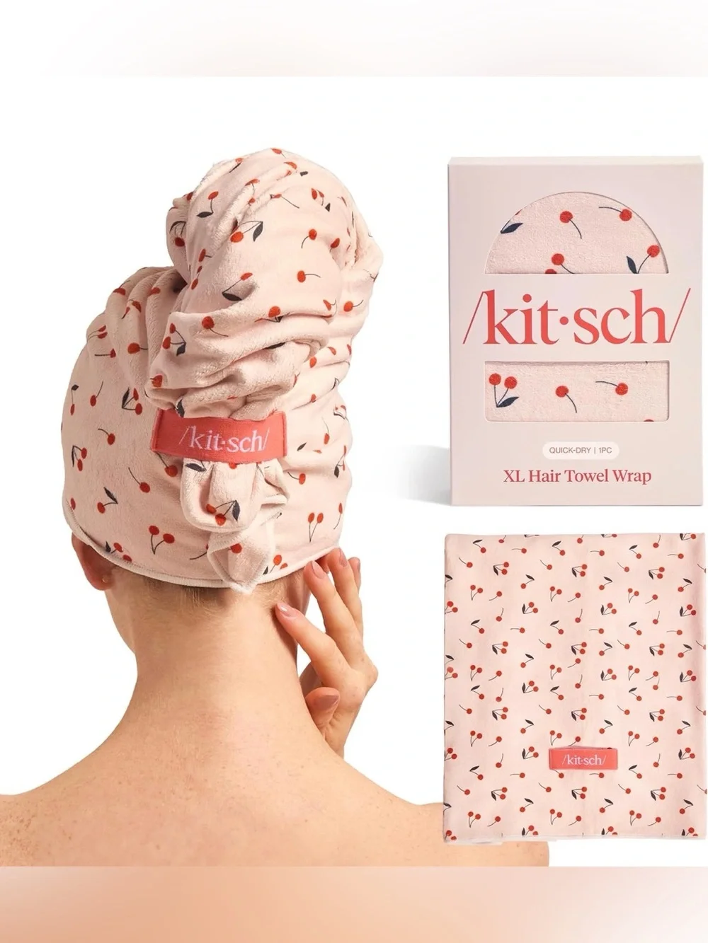 Kitsch XL Quick-Dry Microfiber Hair Towel Wrap in the cherry print.